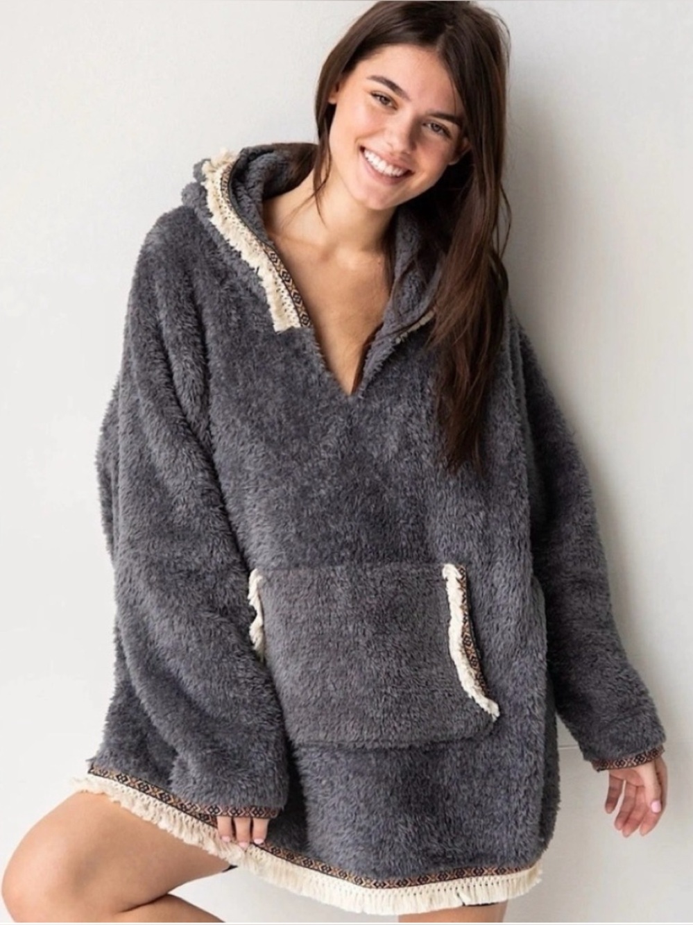 Natural Life Gray Oversized Blanket Hoodie Sherpa Fringed Cozy Cabin Lounge OS